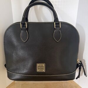 Dooney  & Bourke Saffiano Black Leather domed Zip Satchel Bag Top Handle Gold